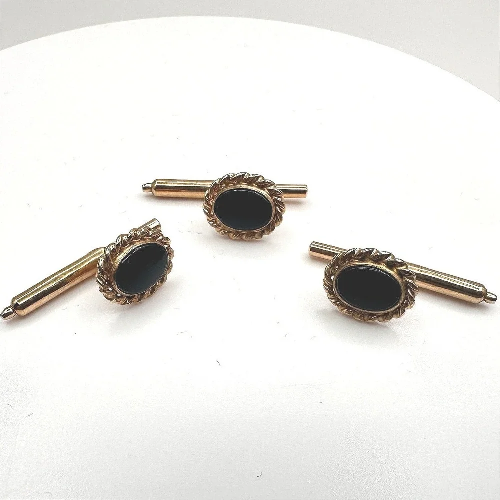 Vintage 90s Gold Tone‎ Twisted Rope Edge Black Onyx Cufflinks Set Jewelry